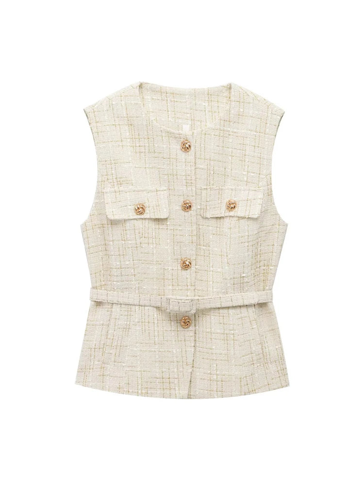 Women's Tweed Waistcoat with Belt, O Neck, Sleeveless, Front Button, Female Outerwear, Chic Tops, Fashion