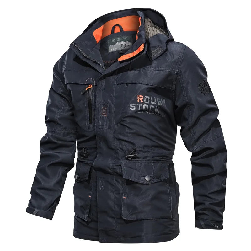 Spring Autumn New Men Windproof Casual Jacket Coat Detachable Hat Jacket Men Multi-Pocket Waterproof Military Jacket Male M-5XL