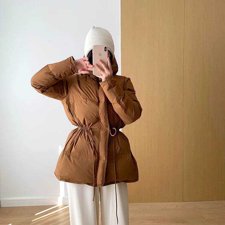 2023 New Autumn Winter Women Fashion Hooded 90% White Duck Down Coat Lady Slim Thick Warm Zipper Drawstring Lace-up Snow Jacket