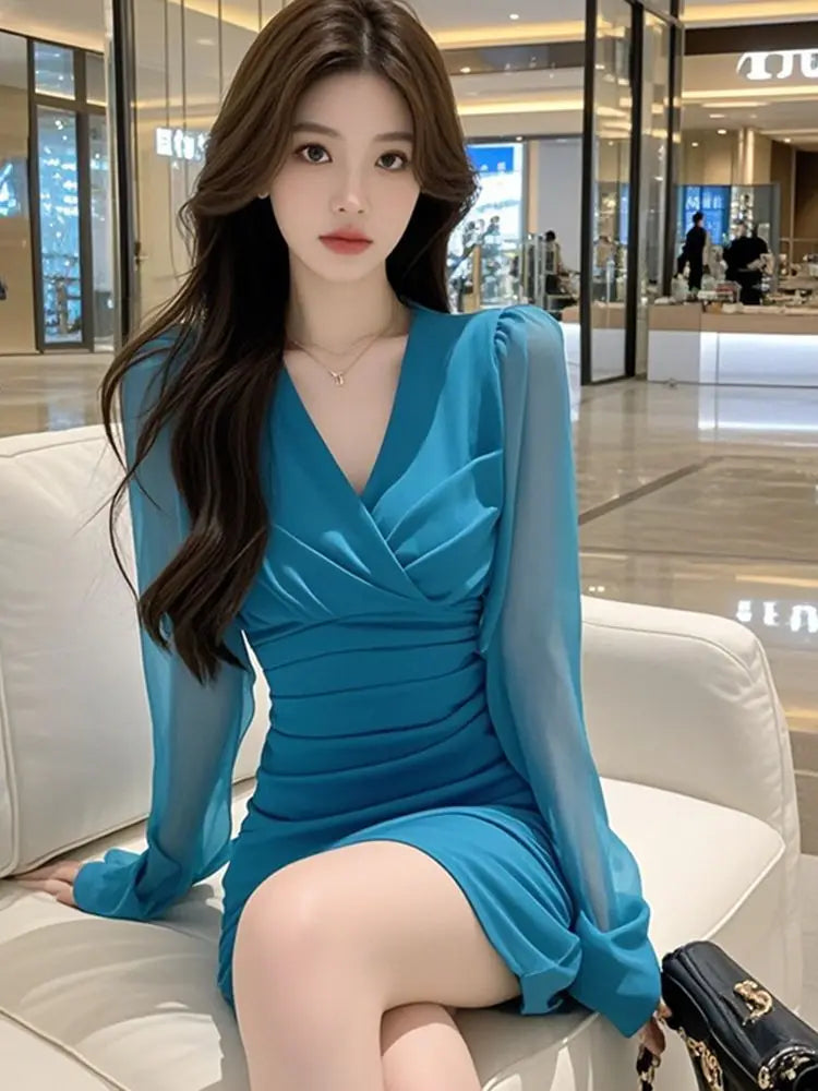 2025 New Women Clothes Temperament Dresses Ladies Fashionable Pleated V-neck Long Sleeve Sexy Dress Women Solid Color Dresses