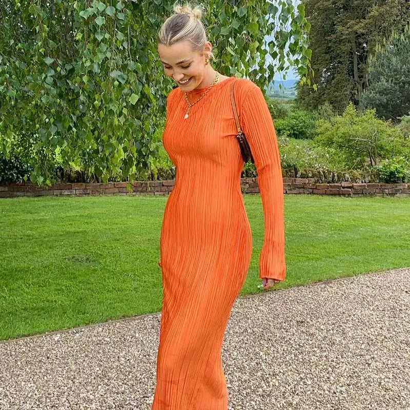 2024 Autumn Elegant Bodycon Dress Women Sexy Solid O Neck Flare Sleeves Long Summer Dresses Holiday Vestidos Black Red Orange