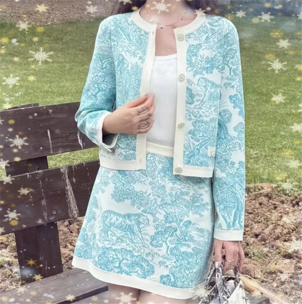 Women's Clothing 2025 Early Autumn New Style Temperament Jungle Jacquard Knitted Cardigan Top+French Elegant Half Skirt Two-Piec