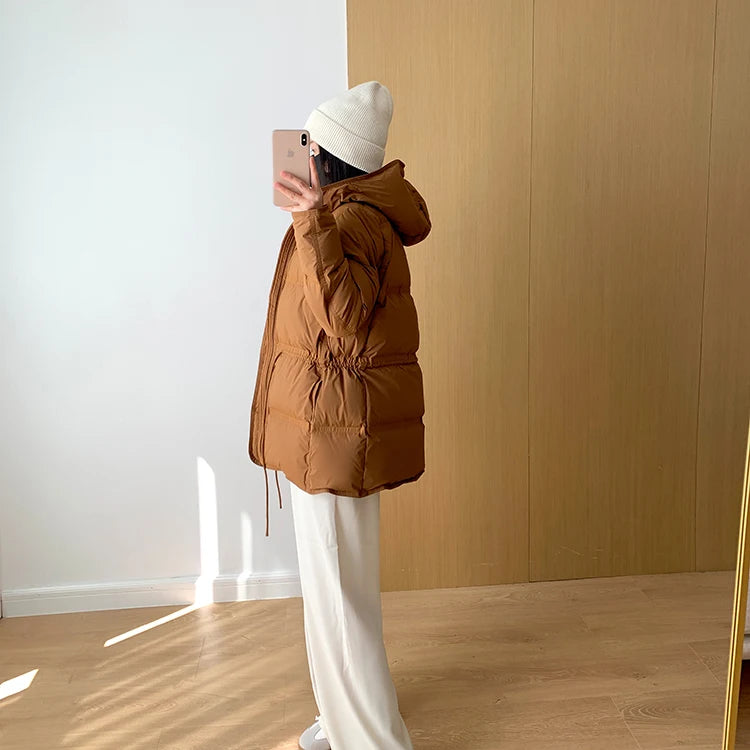 2023 New Autumn Winter Women Fashion Hooded 90% White Duck Down Coat Lady Slim Thick Warm Zipper Drawstring Lace-up Snow Jacket