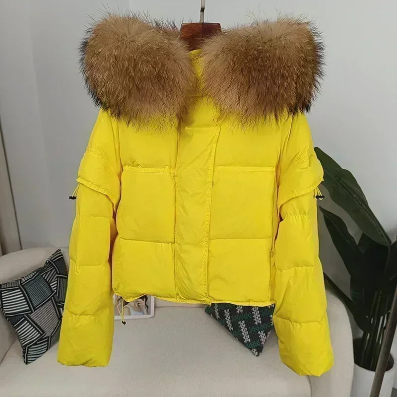 Outerwear Autumn Winter Women Hooded Fashionable Streetwear Detachable Sleeve Real Raccoon Fur Collar Jacket Duck Down Loose