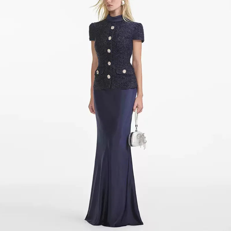 Maxi Formal Luxury Evening Dresses Women Summer Autumn Single Breasted Crystal Satin Tweed Long Dress Blue Party Dinner Vestidos