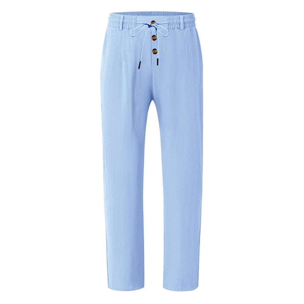 Autumn New Men's Cotton Pants Solid Color Button Drawstring Design Casual Loose Fit Cozy Trousers Simple Style Long Pants