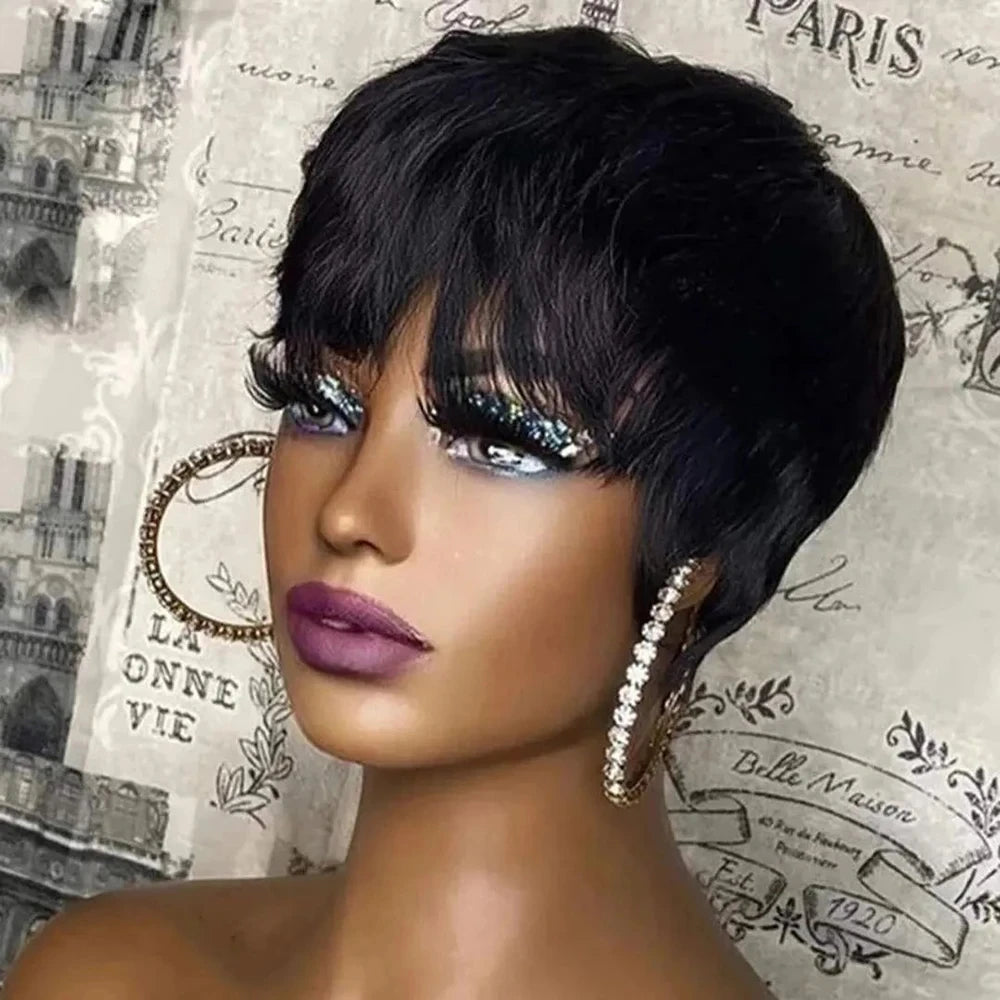 Short Pixie Cut Straight Human Hair Wig Remy Hair Human Hair Pixie Cut Wigs With Bangs Bob Wig Full Machine Made Wig Bob Wig