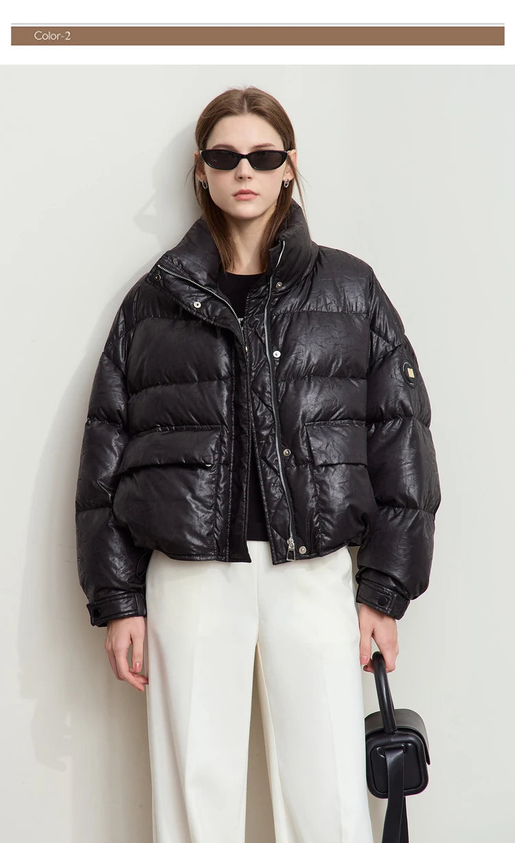 AMII Minimalist Women's Down Coat 2024 Winter Warm Thick Lapel Stand Collar Imitation Leather Duck Down Female Jacket 12444025