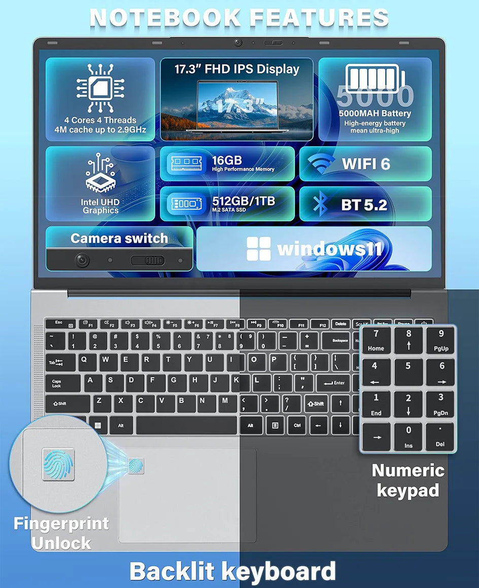 Hot 17.3" Laptop Computer Intel N5095 Windows 11 16GB DDR4 1TB SSD Fingerprint Unlock Gaming Office Study Laptop Computer