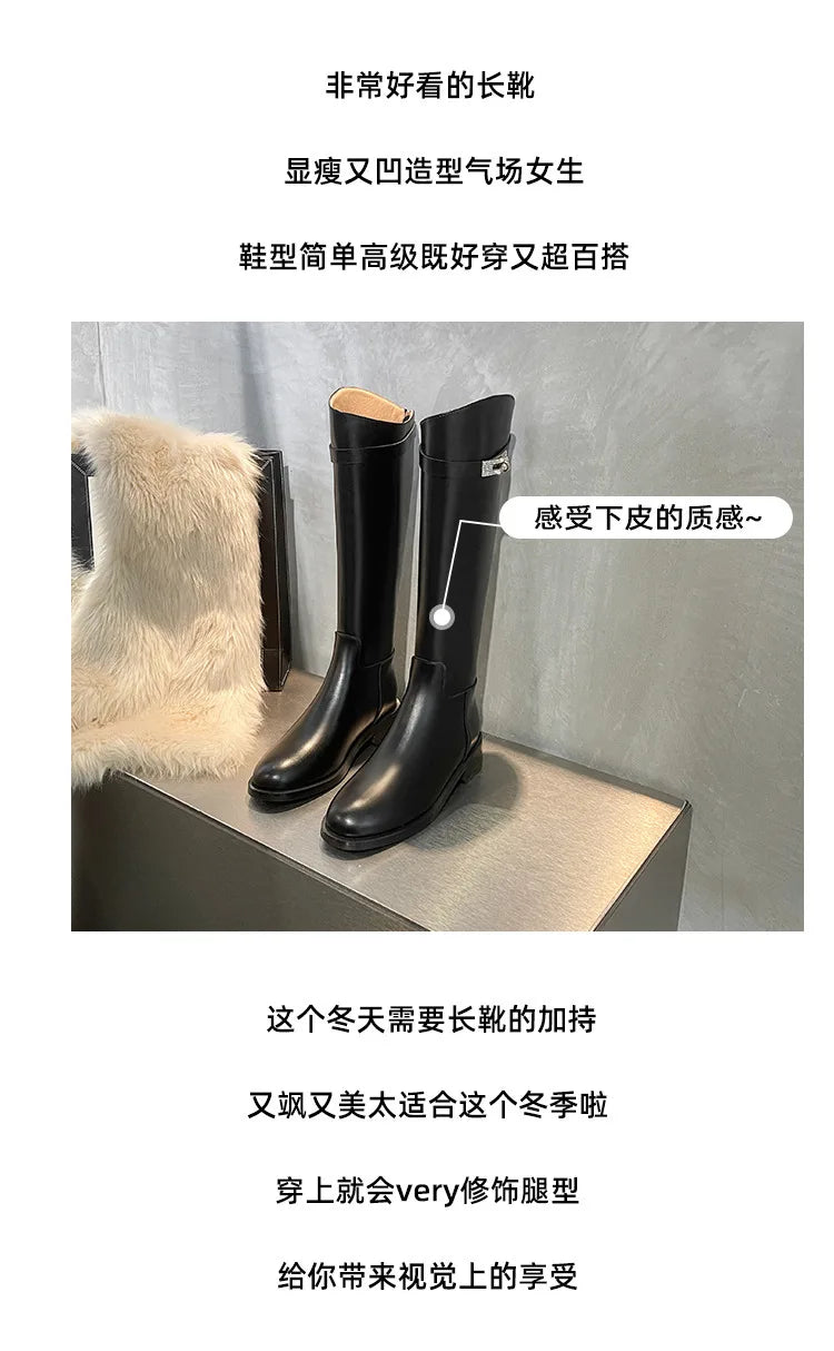 Genuine Leather Thick-Soled Autumn Winter New Style Chunky Heel Rhinestone Buckle High Tube Riding Over-The-Knee Long Boots