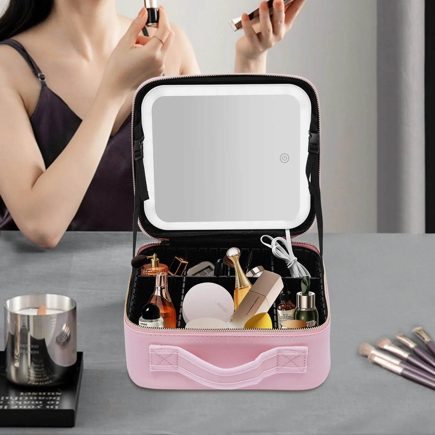 Makeup Train Case with Large Lighted Mirror Adjustable Brightness Large Cosmetic Organizer Storage Adjustable Dividers