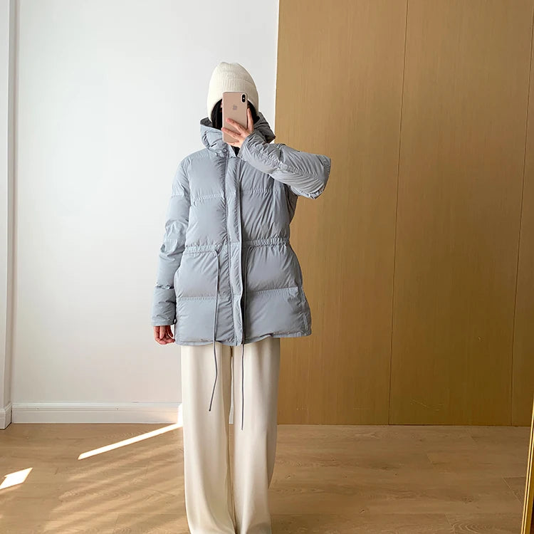 2023 New Autumn Winter Women Fashion Hooded 90% White Duck Down Coat Lady Slim Thick Warm Zipper Drawstring Lace-up Snow Jacket