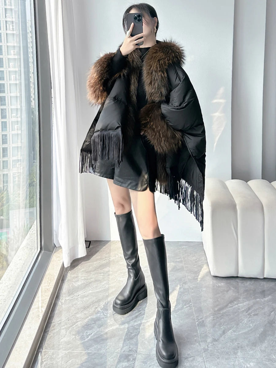 Down jacket for women in winter 2024, new cloak, oversized fur collar, medium to long loose white duck down jacket