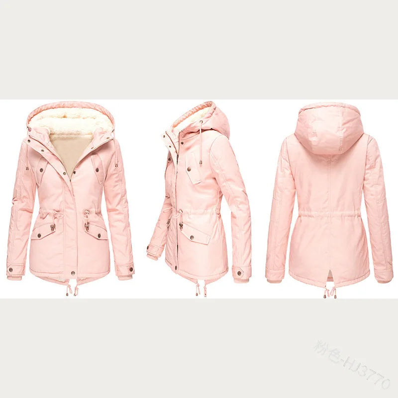 Women's Winter Jacket Warm Solid Plush Thickened Long Winter Coat Outdoor Hiking Hooded Casual Windproof Parka Coat Overcoat