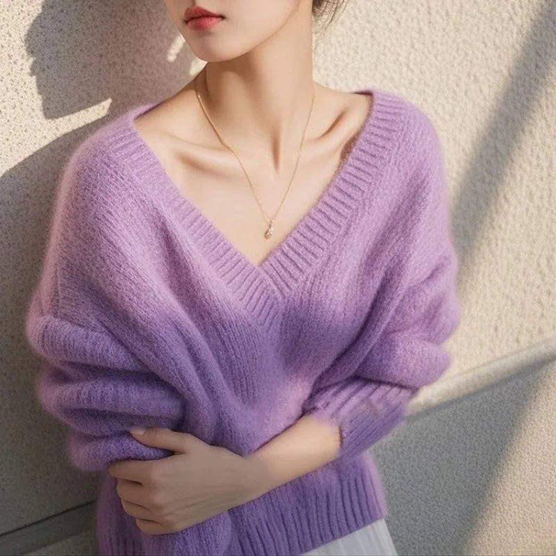 Women Clothes Spring Autumn Fashion Simplicity Elegant Solid Color V-neck Ladies Appear Thin Lazy Wind Long Sleeve Slsweater Top