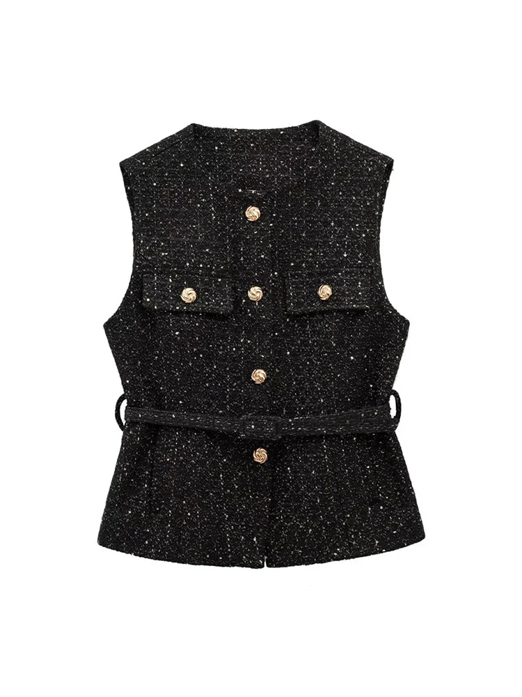 Women's Tweed Waistcoat with Belt, O Neck, Sleeveless, Front Button, Female Outerwear, Chic Tops, Fashion