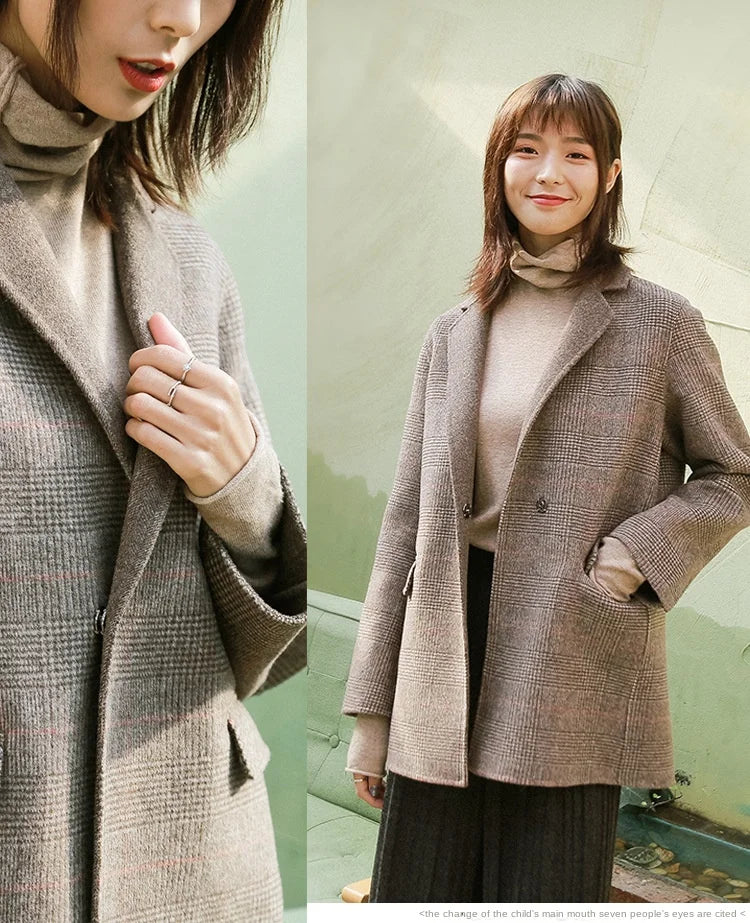 Handmade Sewn Double-sided Woolen Blazer Women Spring Autumn Plaid Wool Overcoat Office Lady Casual Suit Coat Thick Jacket