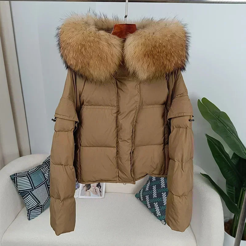 Outerwear Autumn Winter Women Hooded Fashionable Streetwear Detachable Sleeve Real Raccoon Fur Collar Jacket Duck Down Loose