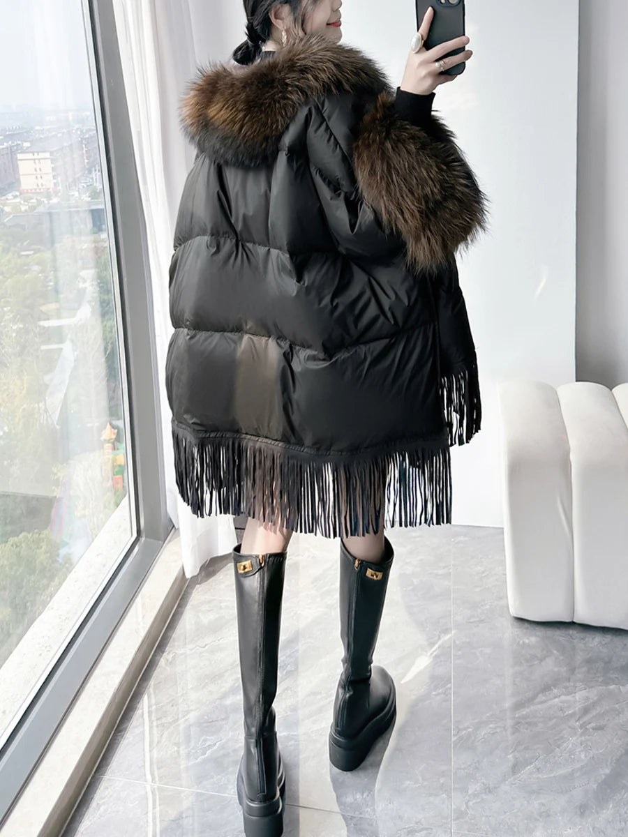 Down jacket for women in winter 2024, new cloak, oversized fur collar, medium to long loose white duck down jacket