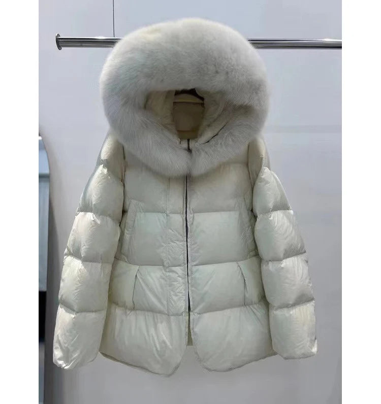 Schinteon Women 100% Real Fox Fur Collar White Duck Down Jacket with Hood Autumn Winter Warm Casual A-lined Warm Outwear Cape