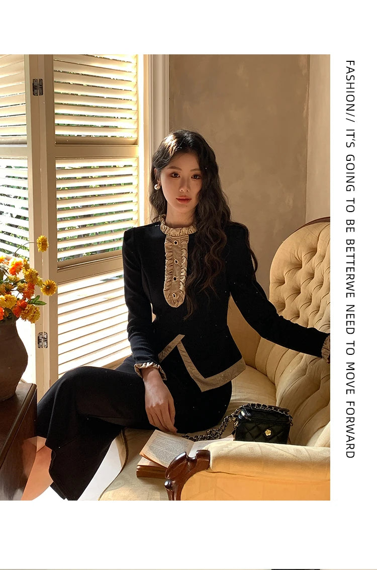 Women Clothes Black Vintage Outfits Elegant Ruffle O-Neck Tops Shirt Blouse And High Waist Midi Skirt Mujer 2 Pieces Set Formal