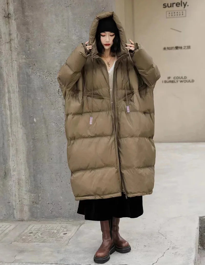 Schinteon Women White Duck Down Jacket with Hood Autumn Winter Warm Long Outwear Over Size Loose Coat 2025 New