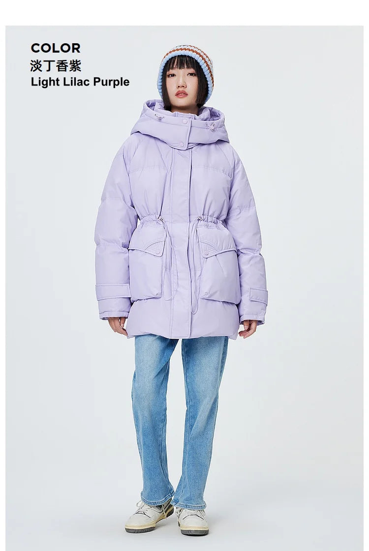 Metersbonwe Women's  Oversized Long Hooded Down Jacket Adjustable Pig Nose Buckle Waist Belt Utility Duck Down Parka Warm Winter