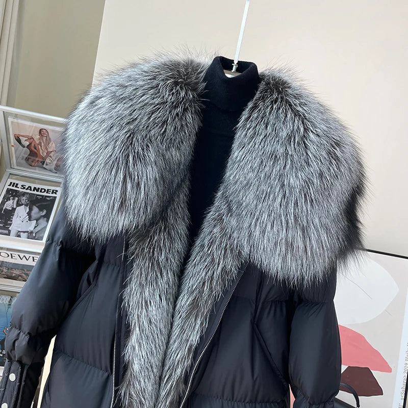 2025 New Winter Women Warm Coat 90% Goose Down Jacket Long Real Fox Fur Collar Thick Luxury Outerwear Female Coat Streetwear