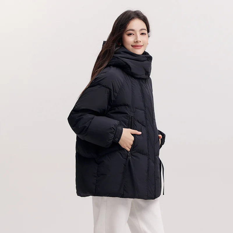 Semir Mid-Length Down Jacket Women Loose Fit Hooded Textured Coat 2025 New Winter Casual Warm Style