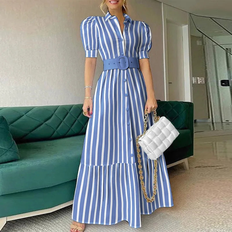Striped Maxi Dress Women Summer 2022 New Fashion Elegant Causal Party Office Lady White Blue Back Long Dresses