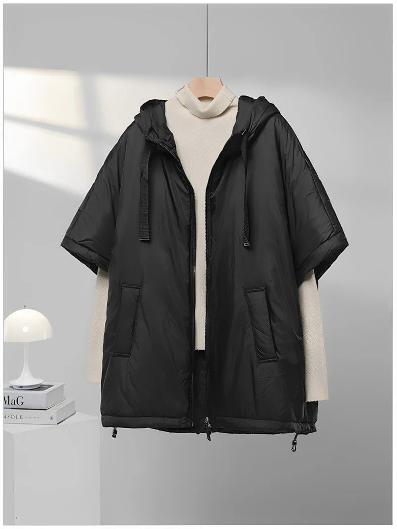 Schinteon Women Camel Down Cape Vest with Hood Loose Sleeveless Gilet Solid Fashionable Autumn Winter Jacket 2025 New