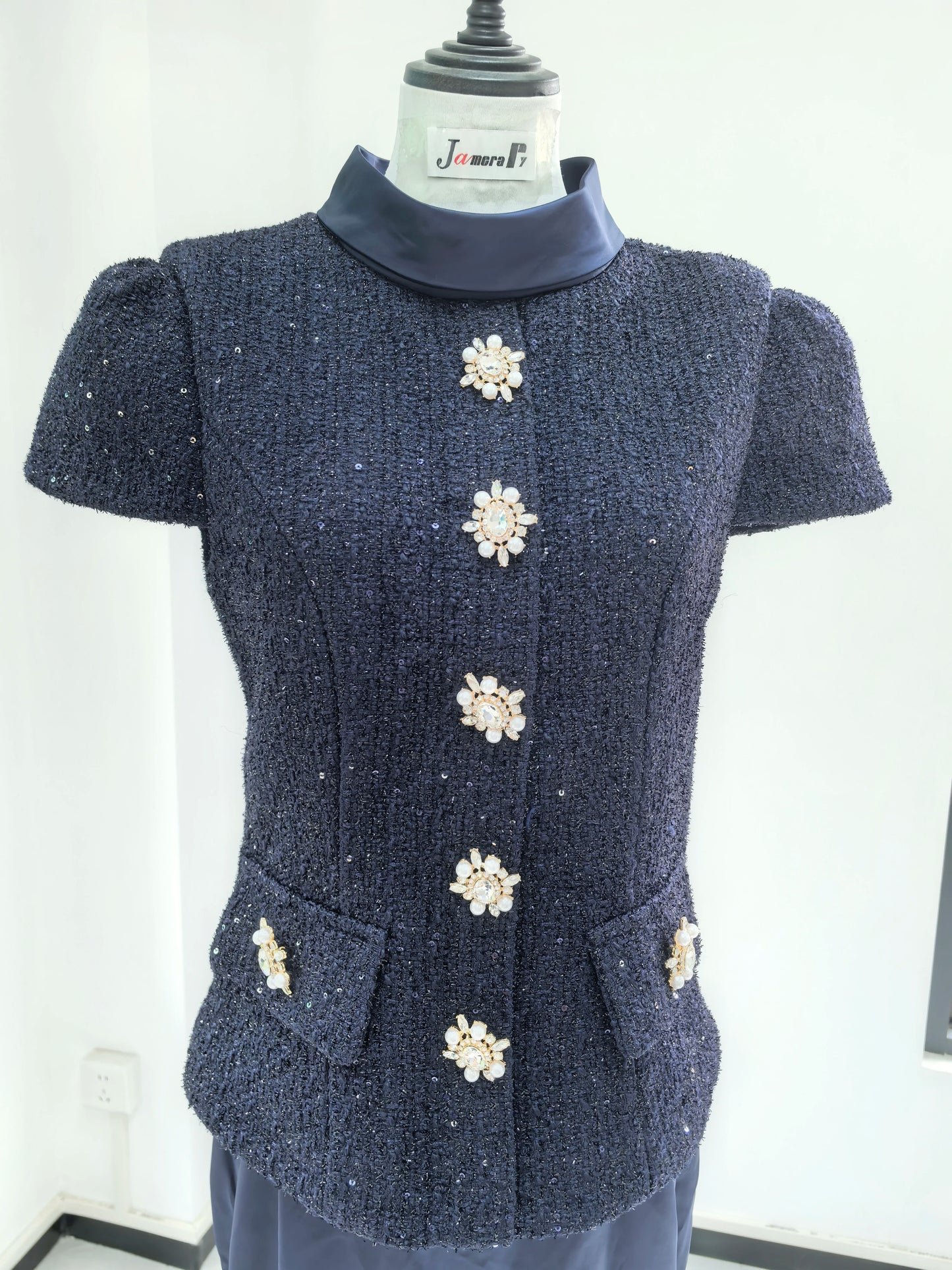 Maxi Formal Luxury Evening Dresses Women Summer Autumn Single Breasted Crystal Satin Tweed Long Dress Blue Party Dinner Vestidos