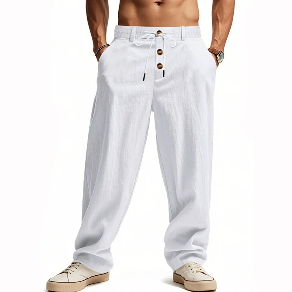 Autumn New Men's Cotton Pants Solid Color Button Drawstring Design Casual Loose Fit Cozy Trousers Simple Style Long Pants