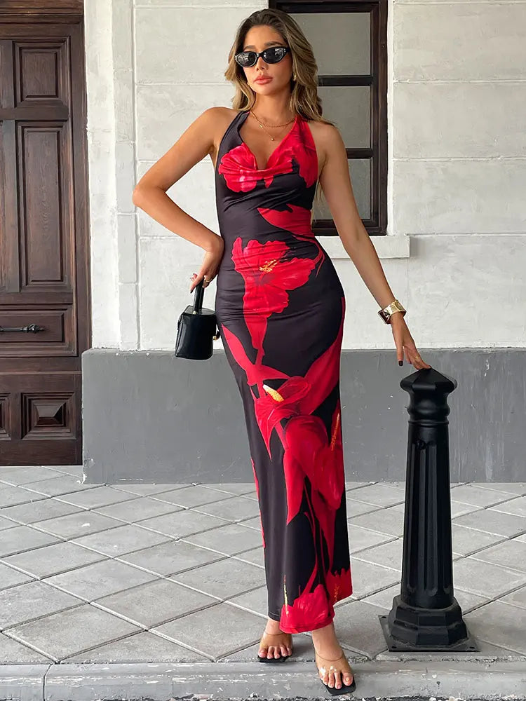 Women's Maxi Dresses Summer New Streetwear Fashion Lace-up Knitted Dress Red Sexy Female Print Backless Low Chest V-Neck Dresses