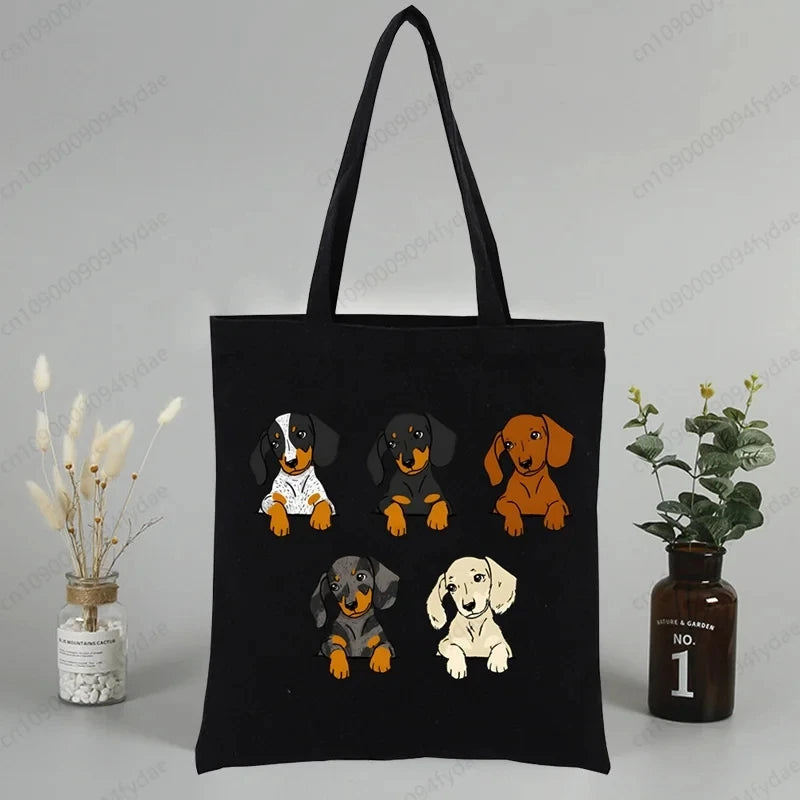 Dachshund Teckel Cute Dog  Canvas Tote Bag Printed Cartoon Reusable Cloth Bag Handbag Shopping Shoulder Bags Handbags Women