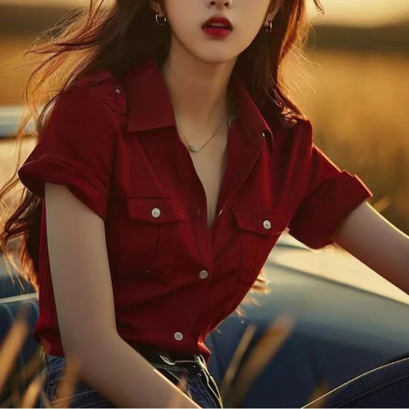 Women Clothes Vintage Youth All-match Shirt Tops Summer New Short Sleeve Solid Loose Simplicity High Street Blouse Fashion Trend