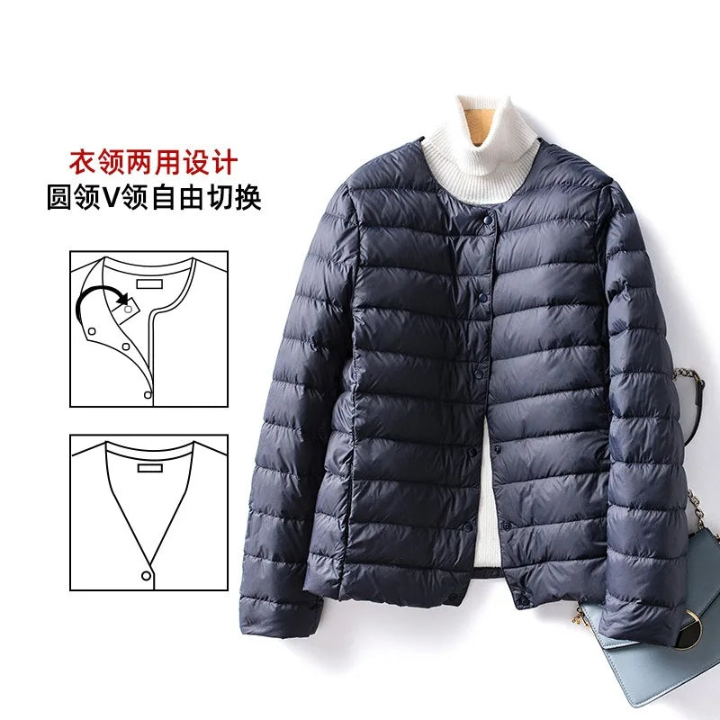 Light Down Coat Women Liner Duck Down Jacket O-neck Variable V-neck New Female Winter Collarless Ultralight Quilted Puffer Coat