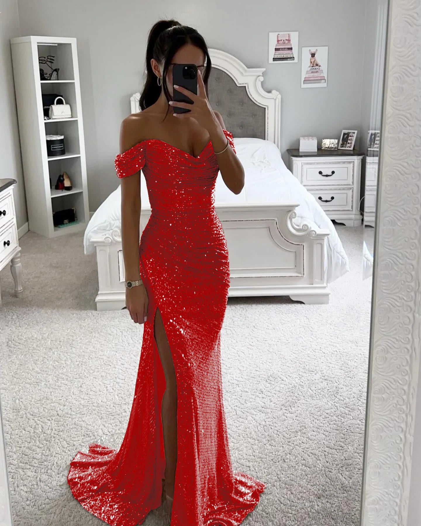 Women's Sexy Party Maxi Dress New Sequined One-line Collar Slit Dress Casual Fashion Prom Eveging Dresses For Women Robe Femme