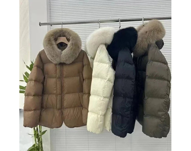 Schinteon Women 100% Real Fox Fur Collar White Duck Down Jacket with Hood Autumn Winter Warm Casual A-lined Warm Outwear Cape