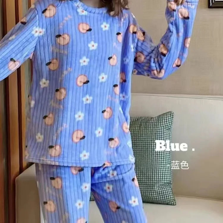 2022 Autumn Winter Warm Flannel Women Pyjamas Sets Thick Coral Velvet Long Sleeve Cartoon Sleepwear Thin Flannel Pajamas Set