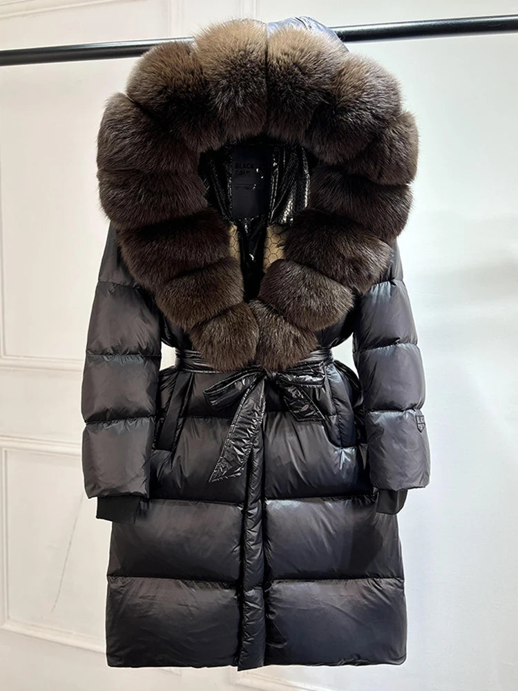 Janveny Winter Real Natural Fox Fur Hooded Long Puffer Down Jacket Women 90% Goose Down Coat Thick Warm Female Shiny Parkas
