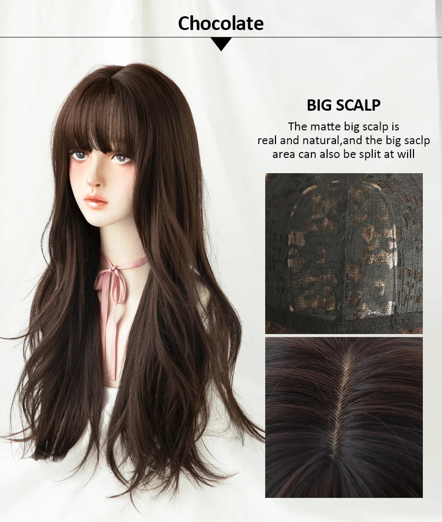 7JHH WIGS Popular Brown Ash Long Deep Wave Hair Lolita Wigs With Bangs Synthetic Wig For Women Fashion Thick Curls Wigs Girl
