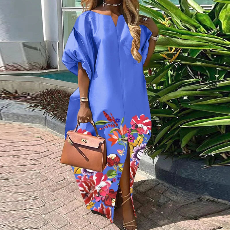Bohemian Maxi Long Dress 2025 Women Satin Silk Sundress Elegant Summer Half Sleeve V Neck Vestidos Oversized Casual Loose Robe