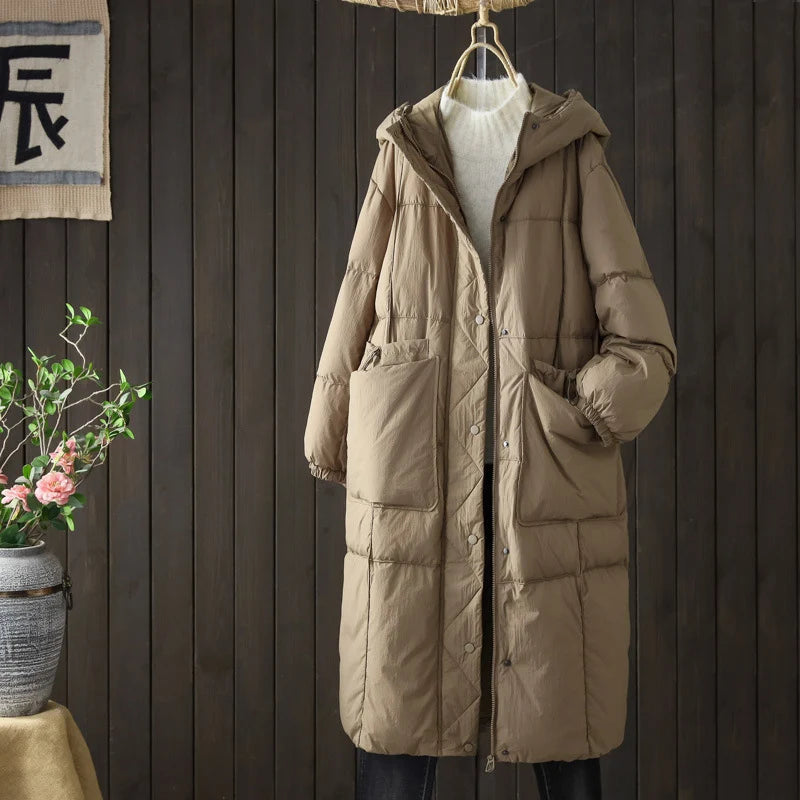 Schinteon Women White Duck Down Long Jacket Casual Loose Autumn Winter Outwear with Hood Warm Coat Big Pockets 2024 Korean Style