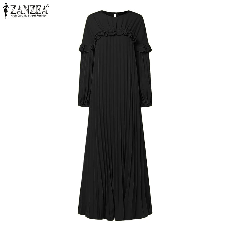 Elegant Autumn Maxi Dresses 2025 ZANZEA Women Fashion Long Sleeve Pleated Party Sundress IsIamic Robe Muslim Abaya Hijab Dress