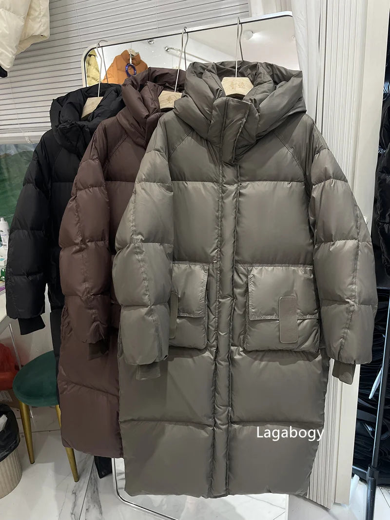 Lagabogy 2025 New Winter Women Puffer Jacket Female White Duck Down Coat Large Version of Warm Hooded Loose Thickened Long Parka