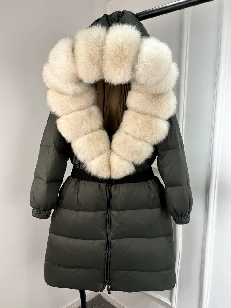 Lagabogy 2025 Winter Puffer Jacket Women Real Fox Fur Hooded Collar Thick Warm Long White Duck Down Coat Loose Luxury Outerwear