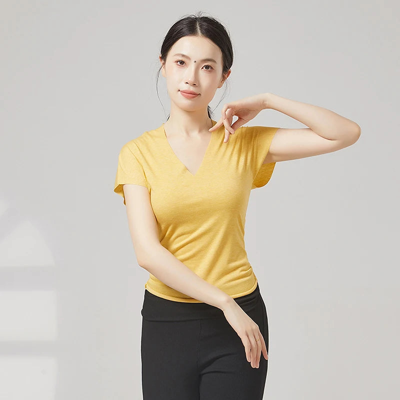 Modern Dance Clothes Women  V-Neck Seamless Short Sleeve T-Shirt Elegant Stage Costume Basic Training Tops Casual Summer Blouse