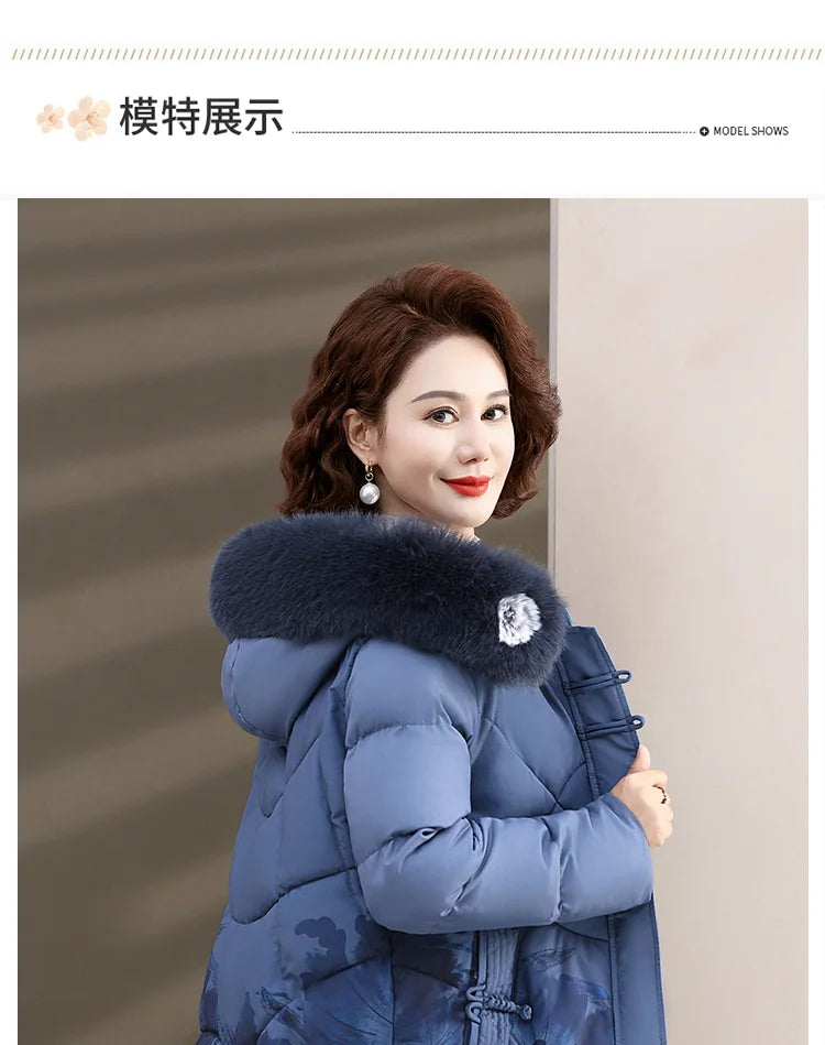 Women's Clothes Middle Aged Women Winter Jacket Long Warm Parkas Female printing Coat Thicken Cotton Padded Hooded Jacket