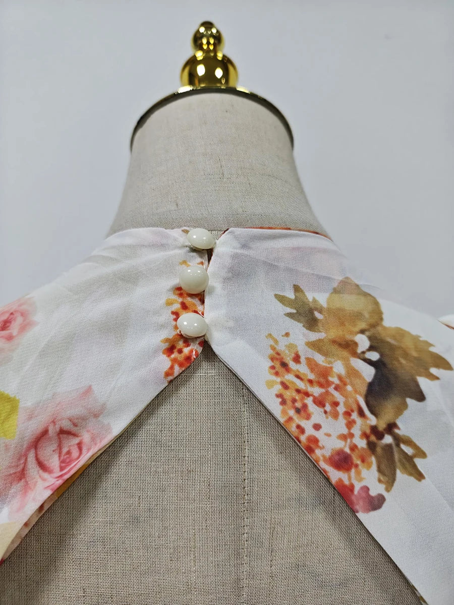 VGH Runway Style Maxi Dresses for Women V Neck Sleeveless High Waist Patchwork Ruffles Edge French Sexy Printed Dress Female New